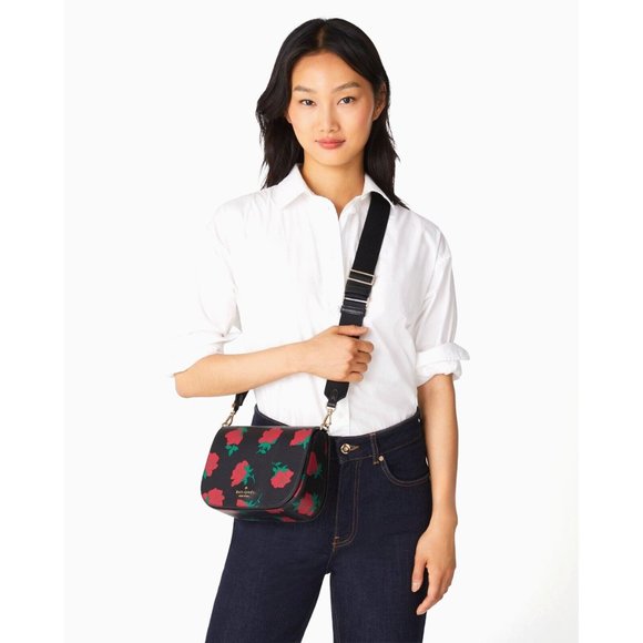 New Kate Spade Madison Rose Toss Printed Saddle Bag Crossbody Black Multi - Picture 2 of 5